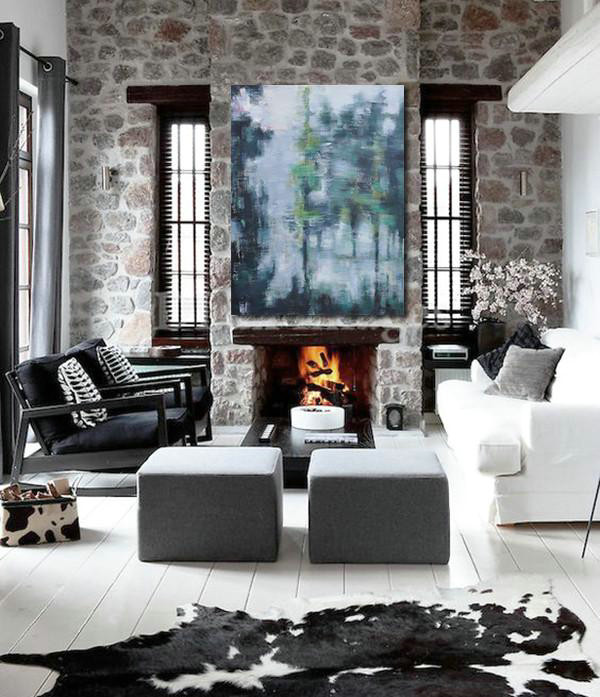 Extra Large Painting,Abstract Landscape Painting,Art Work,White,Purple Grey,Black